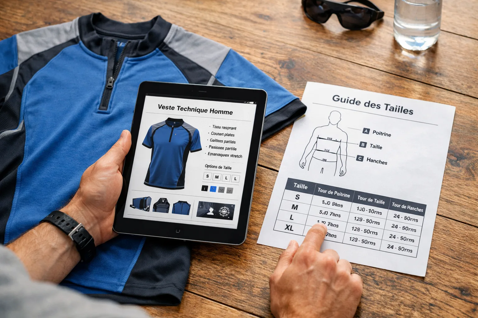 Un motard consulte une fiche produit et un guide des tailles à côté d’un maillot technique.