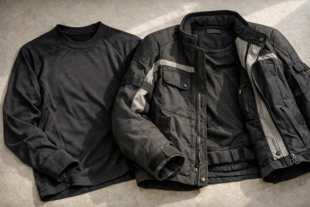Maillot technique à manches longues posé près d’un blouson moto ouvert.