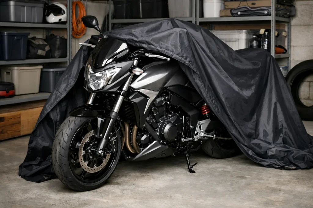Moto stationnée sous une housse partiellement posée dans un espace de remisage rangé.