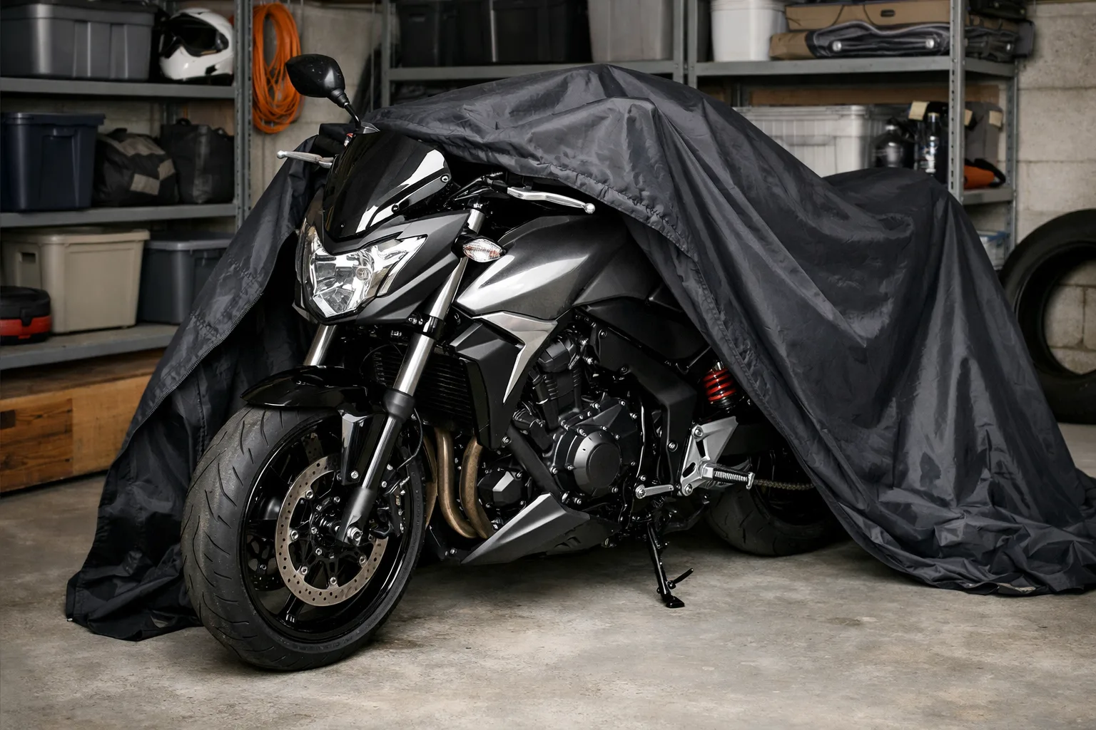 Moto stationnée sous une housse partiellement posée dans un espace de remisage rangé.