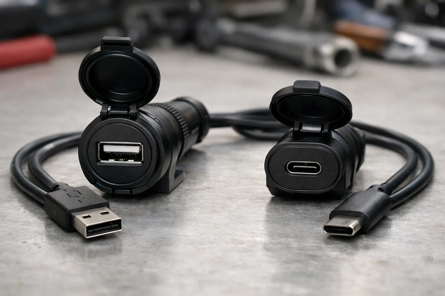 Ports USB-A et USB-C de prises de recharge moto, accompagnés de leurs câbles.