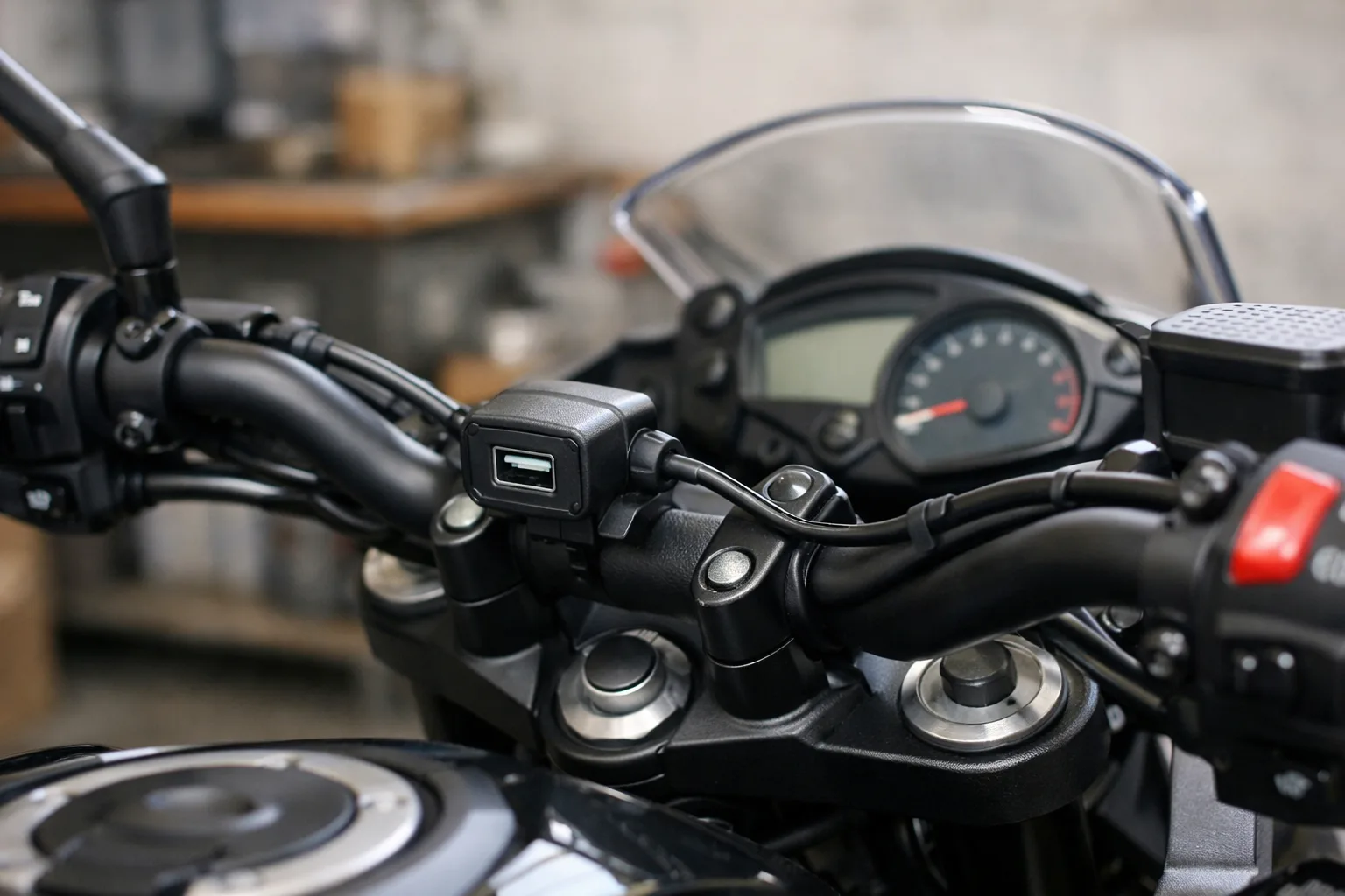 Prise USB fixée près du guidon d’une moto, avec un câble éloigné des commandes.