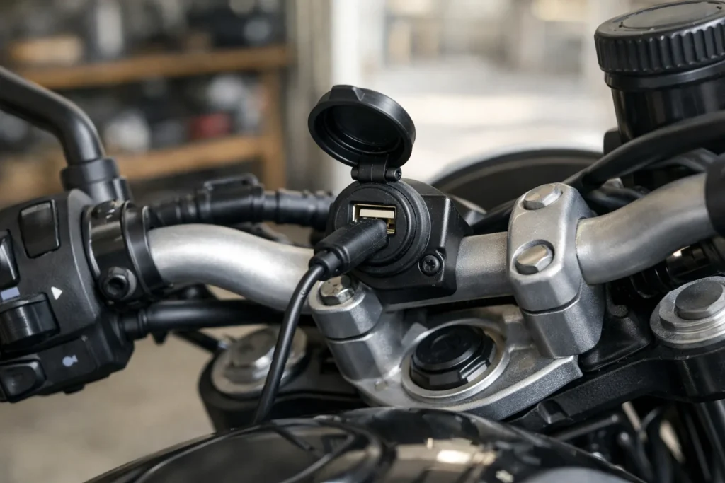 Prise USB fixée près du guidon d’une moto, avec un câble branché.