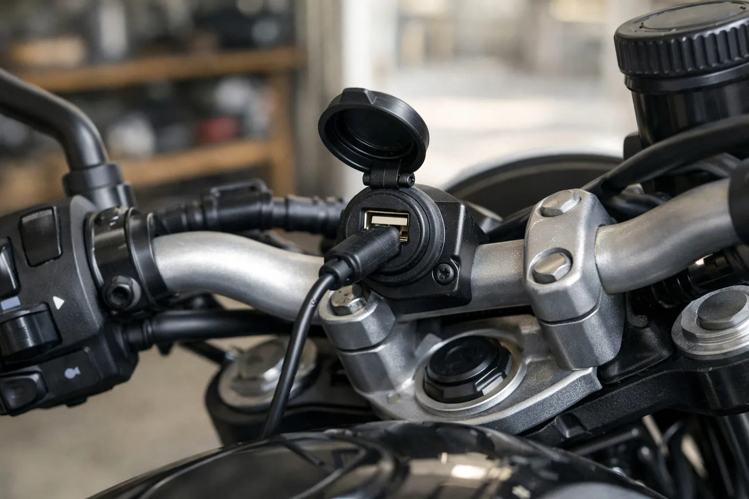 Prise USB fixée près du guidon d’une moto, avec un câble branché.