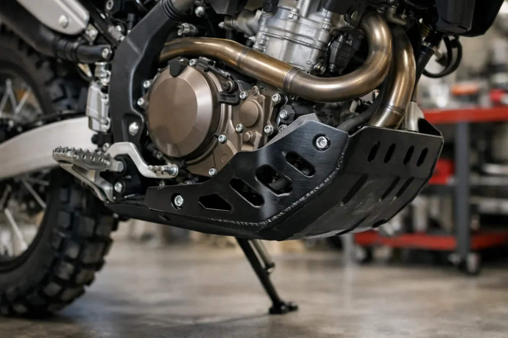 Vue rapprochée de la protection métallique fixée sous le carter moteur d’une moto.