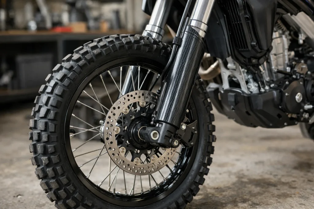 Gros plan sur la roue avant d’une moto et ses protections fixées autour de la fourche.