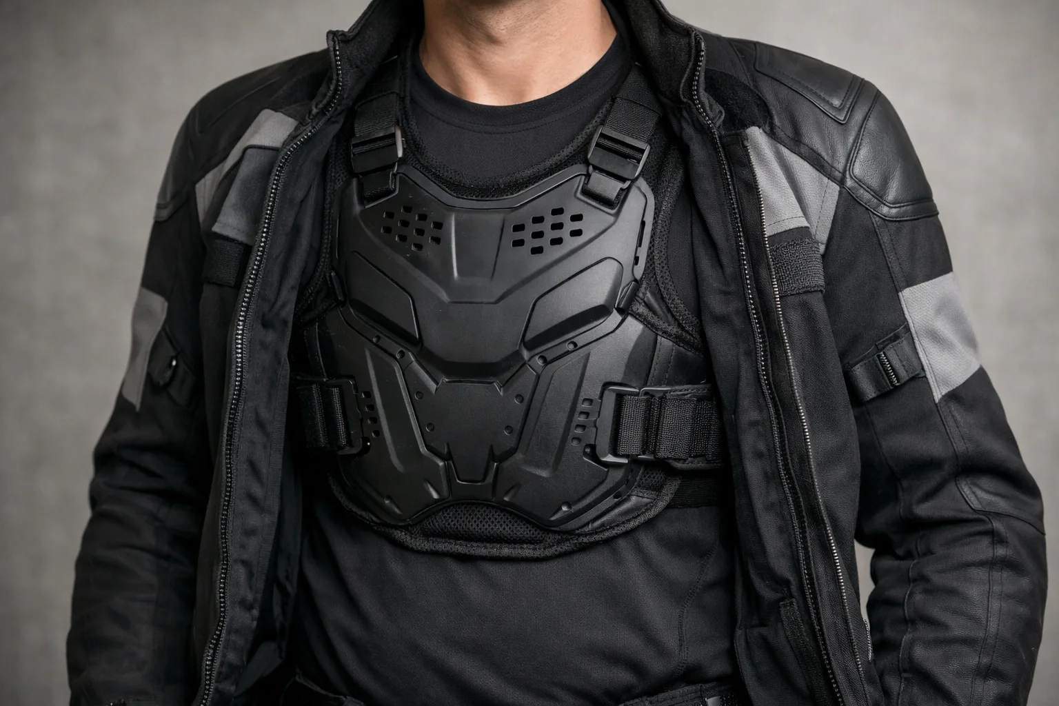 Protection pectorale portée sous une veste de moto ouverte, avec la coupe visible au niveau du buste.