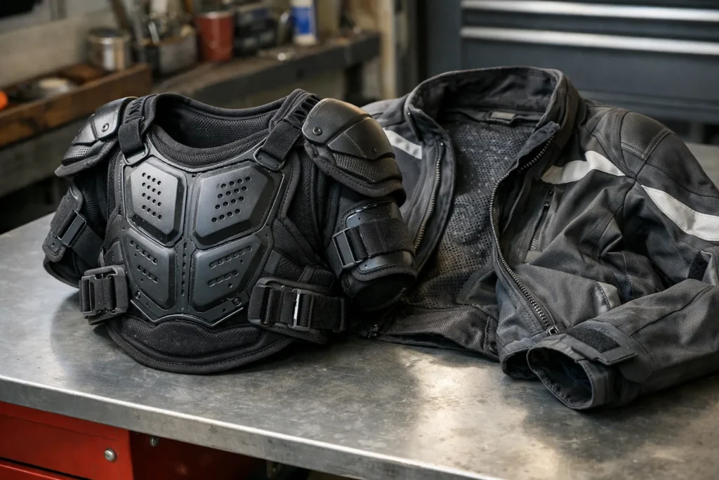 Une protection pectorale moto posée à côté d’une veste ouverte.