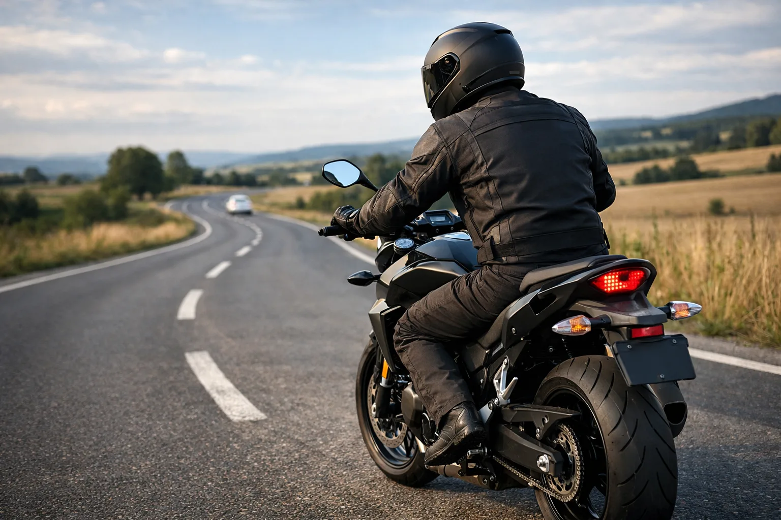 Motard attentif au guidon sur une route dégagée qui se prolonge vers un virage.