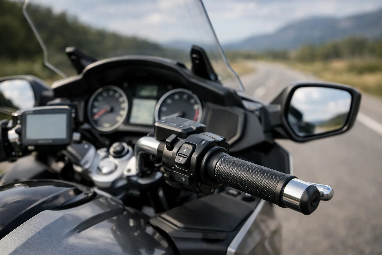 Poignée d’accélérateur et commande de régulateur installées sur le guidon d’une moto de tourisme.