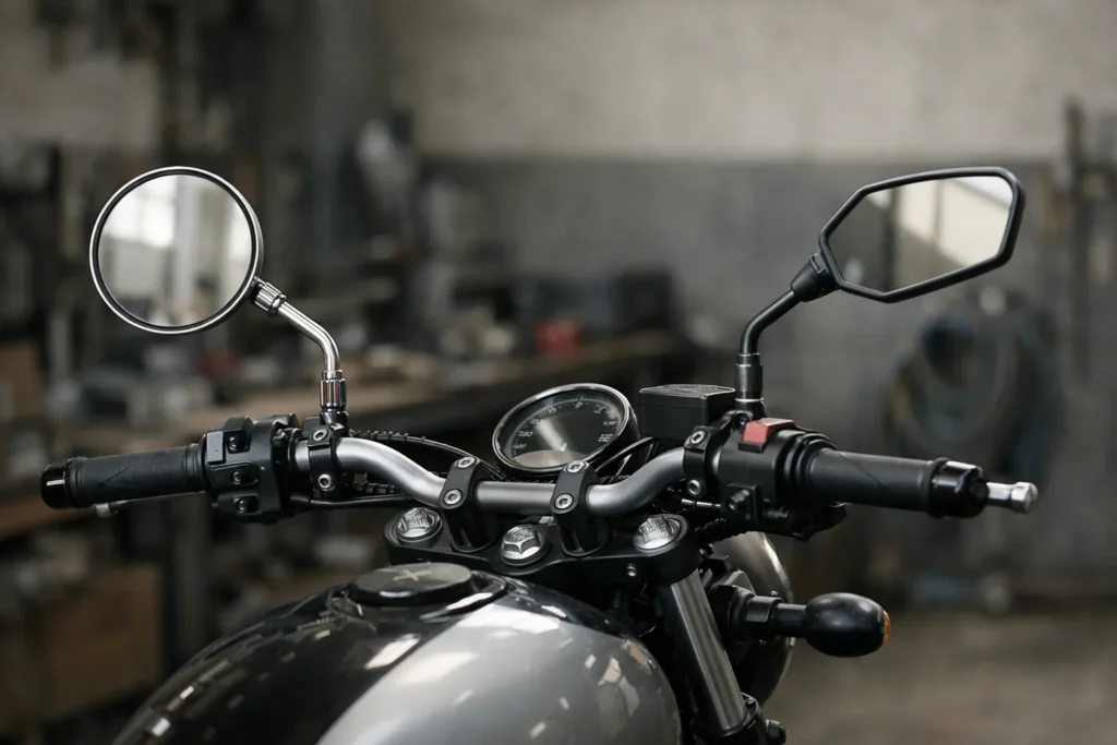 Guidon de moto équipé de deux rétroviseurs aux formes différentes.