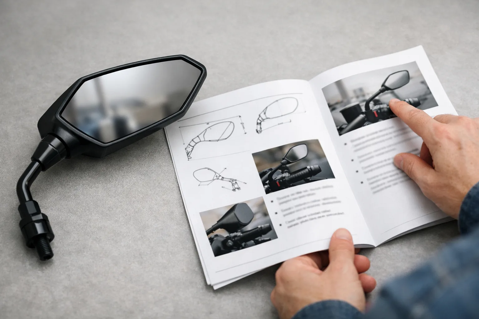 Rétroviseur de moto placé à côté de documents produit consultés sur une table.