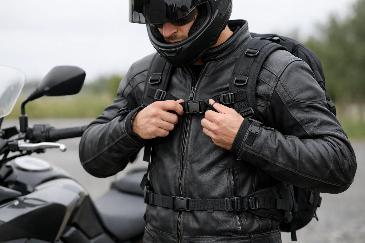 Motard ajustant les sangles de poitrine de son sac à dos par-dessus son blouson.