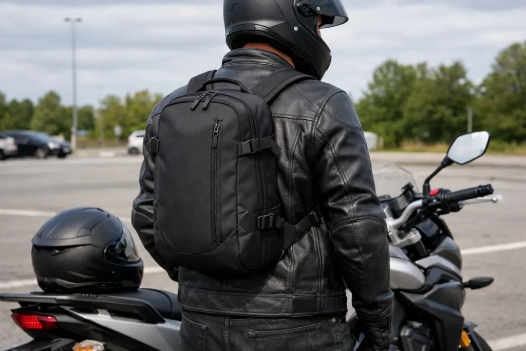 Motard à l’arrêt portant un sac à dos ajusté par-dessus son blouson près de sa moto.