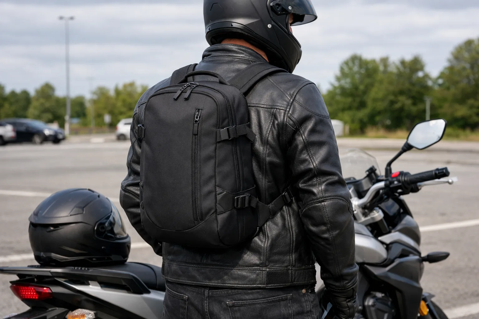 Motard à l’arrêt portant un sac à dos ajusté par-dessus son blouson près de sa moto.