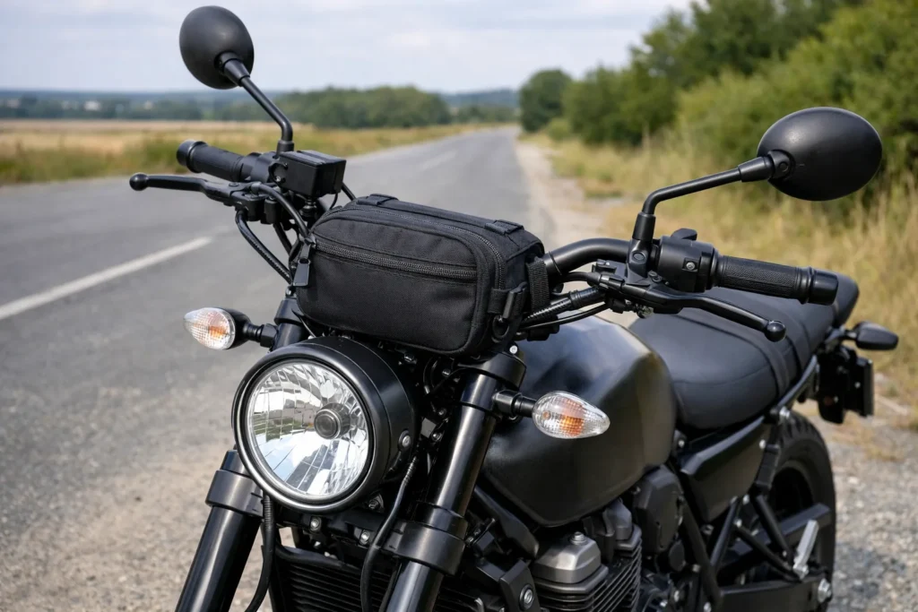 Petite sacoche noire fixée au guidon d’une moto, près des commandes.
