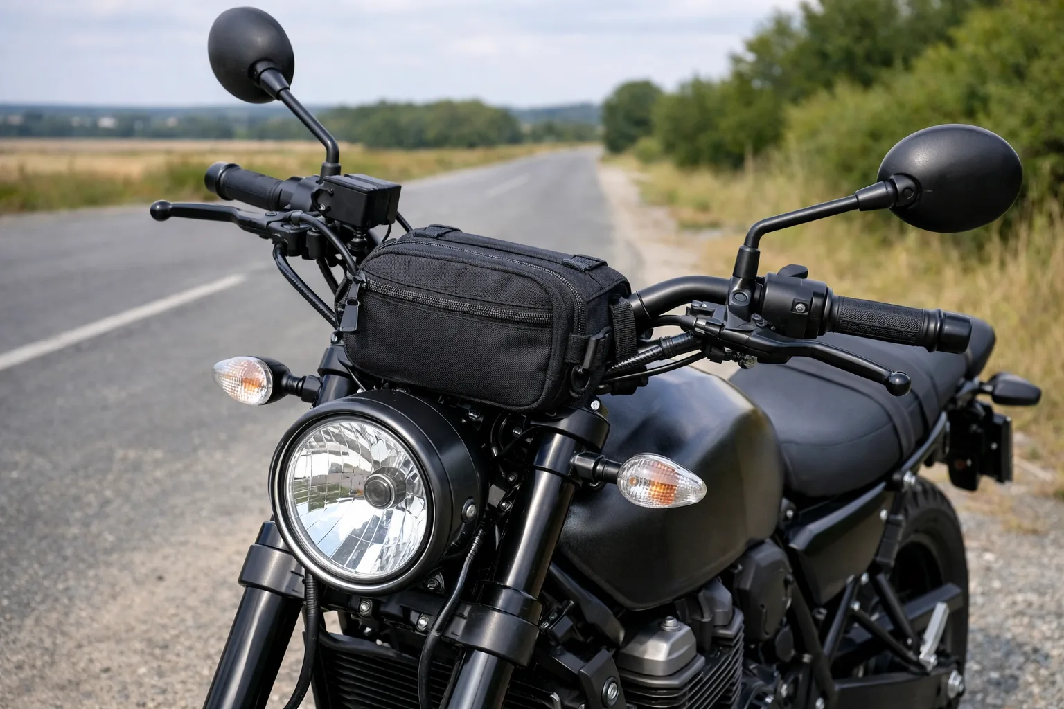 Petite sacoche noire fixée au guidon d’une moto, près des commandes.
