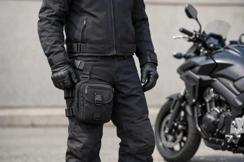 Motard à l’arrêt près de sa moto avec une sacoche fixée sur la cuisse.