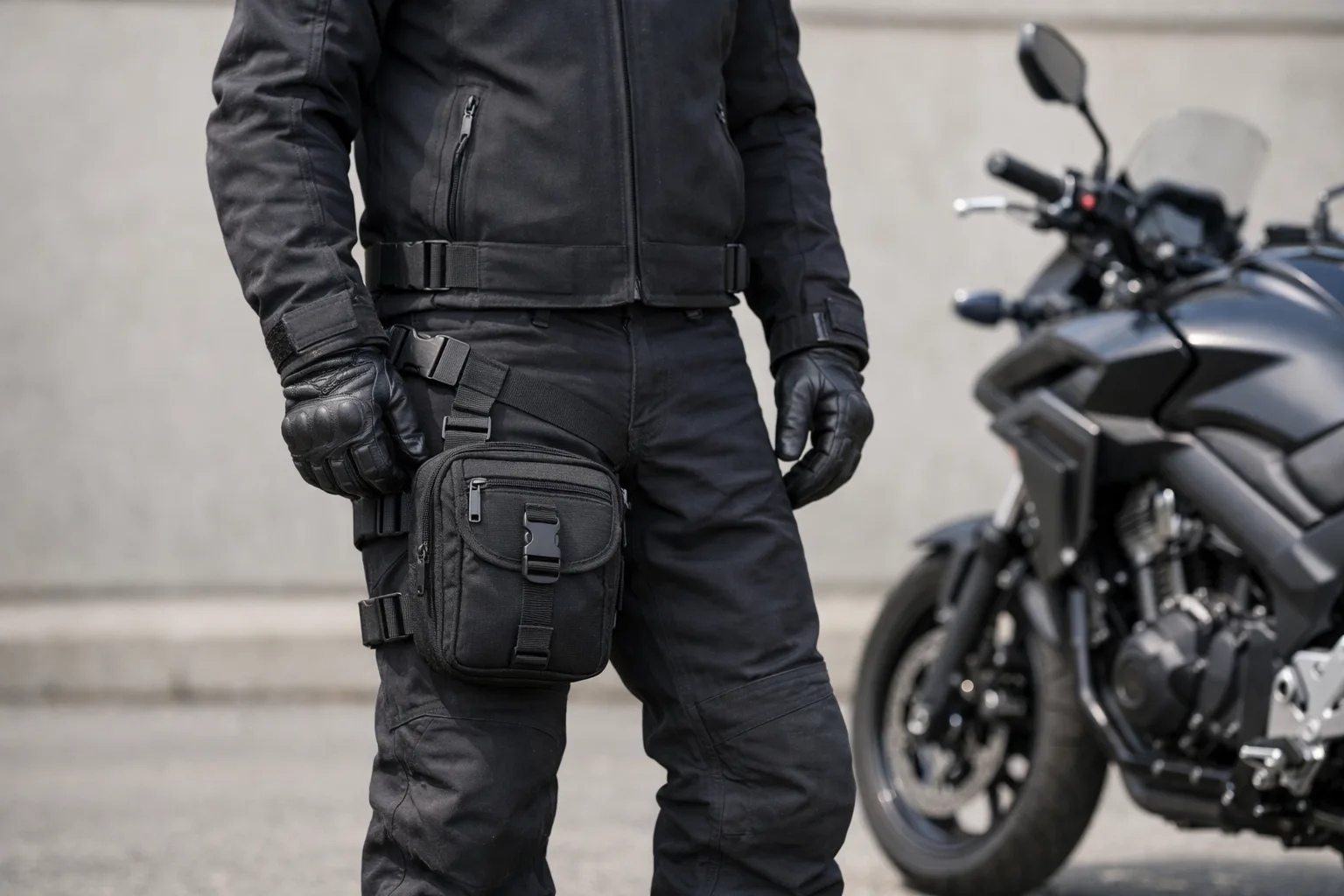 Motard à l’arrêt près de sa moto avec une sacoche fixée sur la cuisse.