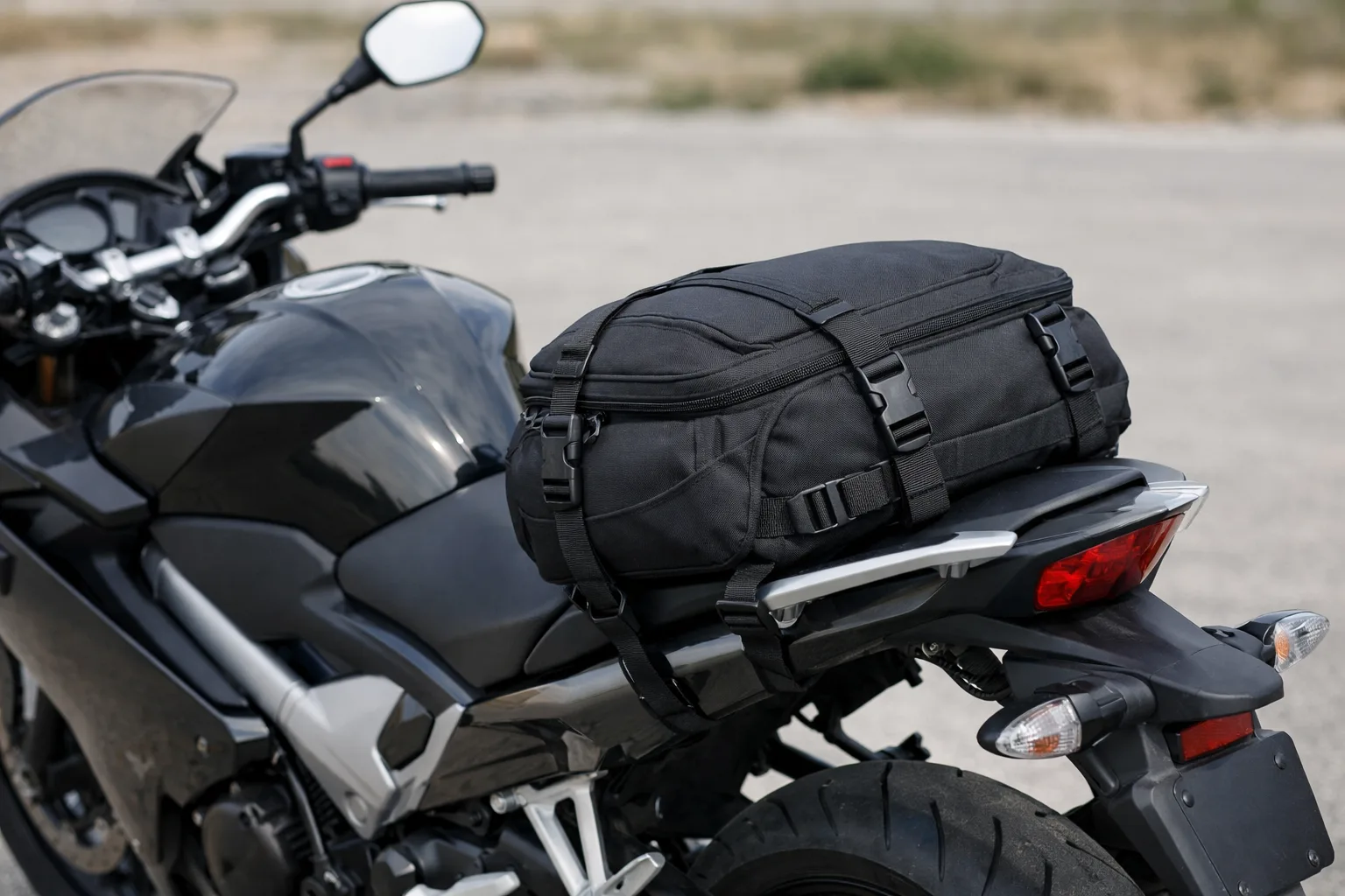 Sacoche noire sanglée sur la selle arrière d’une moto stationnée.