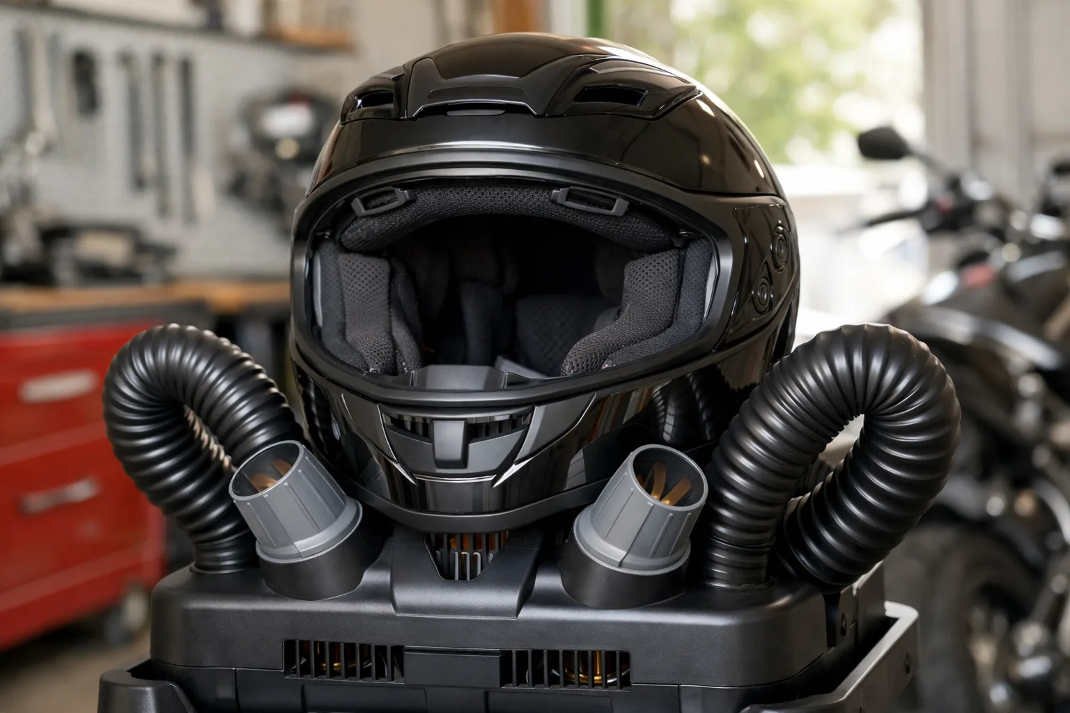 Casque installé sur un appareil de séchage dont les conduits d’air sont visibles.