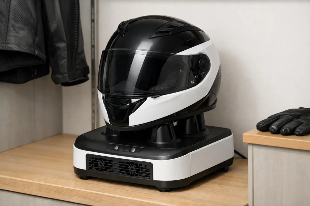 Casque de moto posé sur un appareil de séchage dans un espace de rangement.