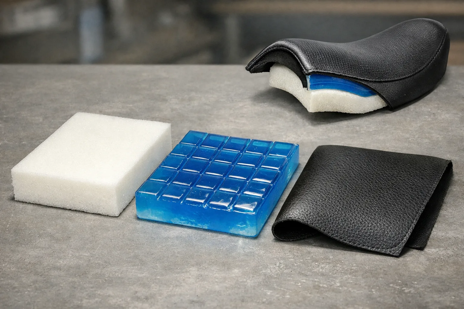 Échantillons de mousse, de gel et de revêtement présentés à côté d’une coupe de selle de moto.