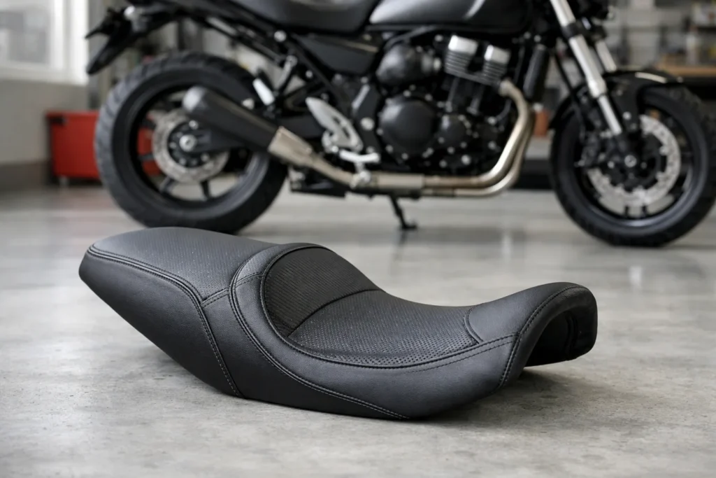 Selle de moto démontée montrant son profil et son revêtement dans un atelier.