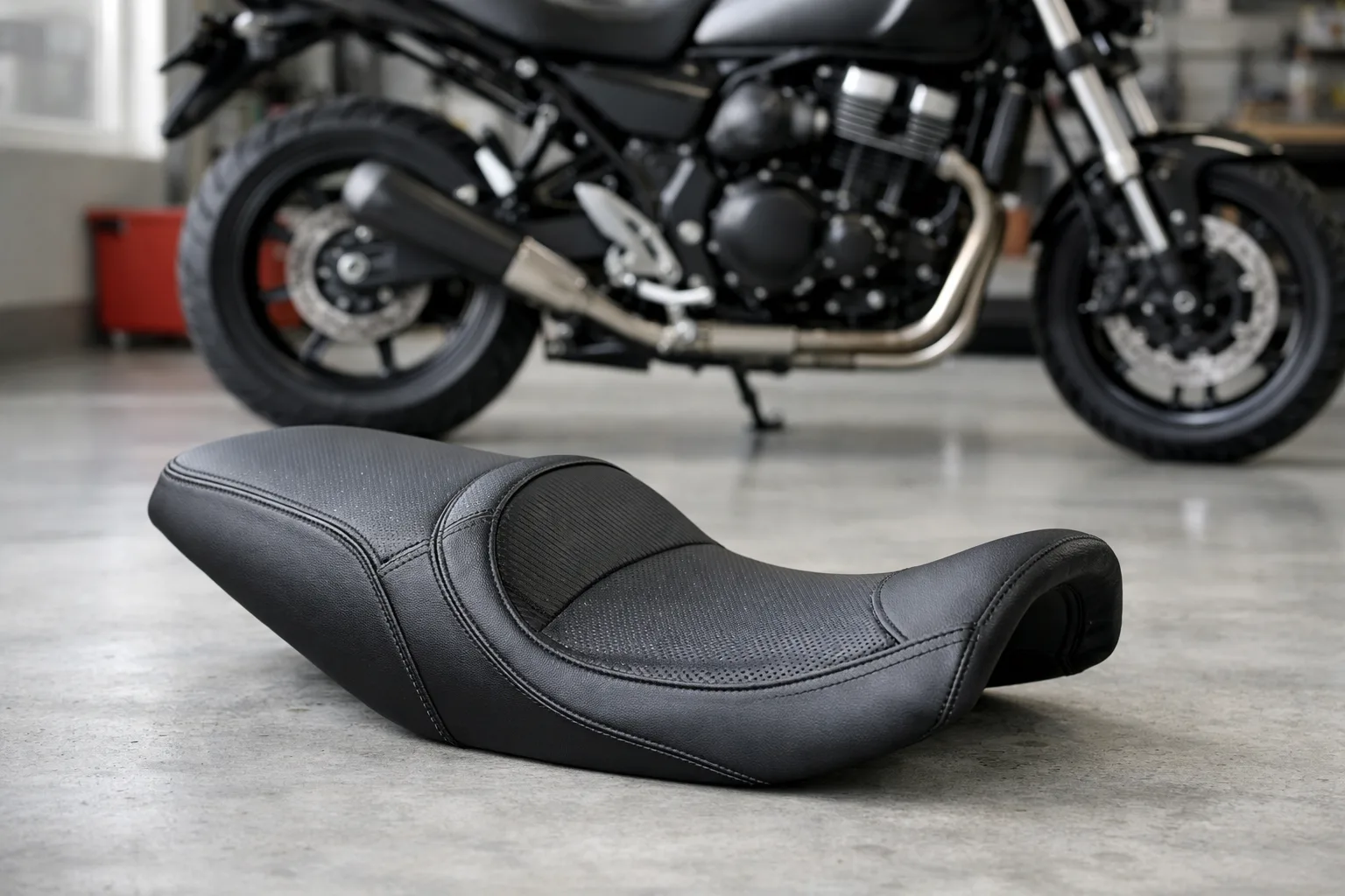 Selle de moto démontée montrant son profil et son revêtement dans un atelier.