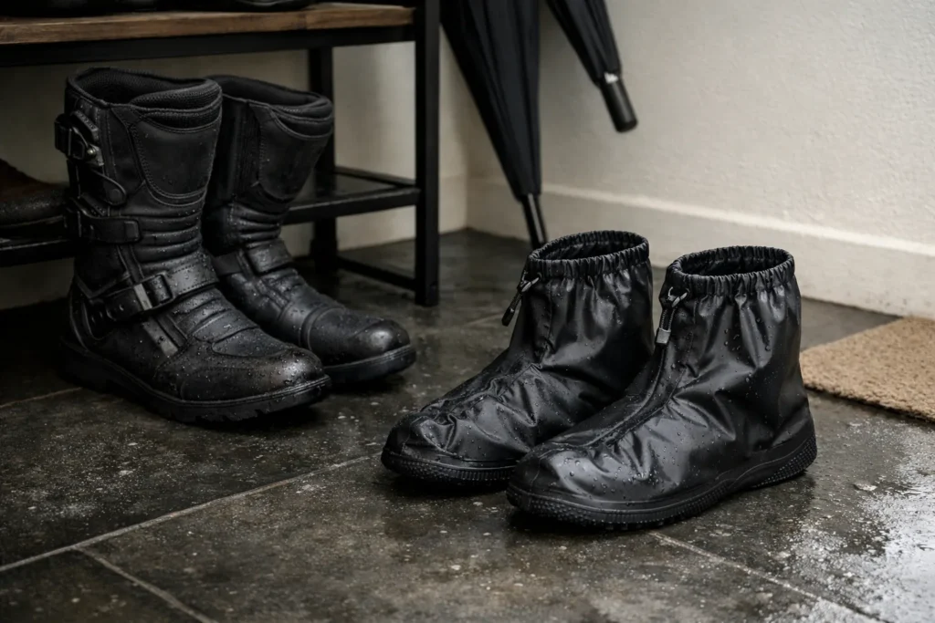 Des surchaussures de pluie noires sont posées à côté d’une paire de bottes moto.