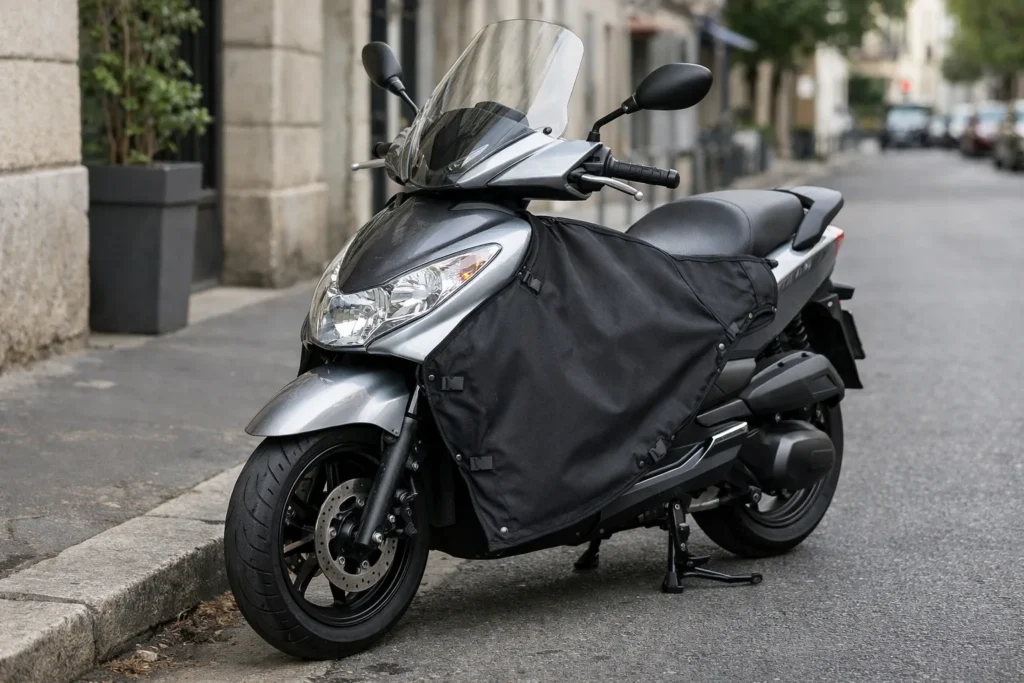 Scooter équipé d’un tablier textile fixé à l’avant et couvrant la zone des jambes.