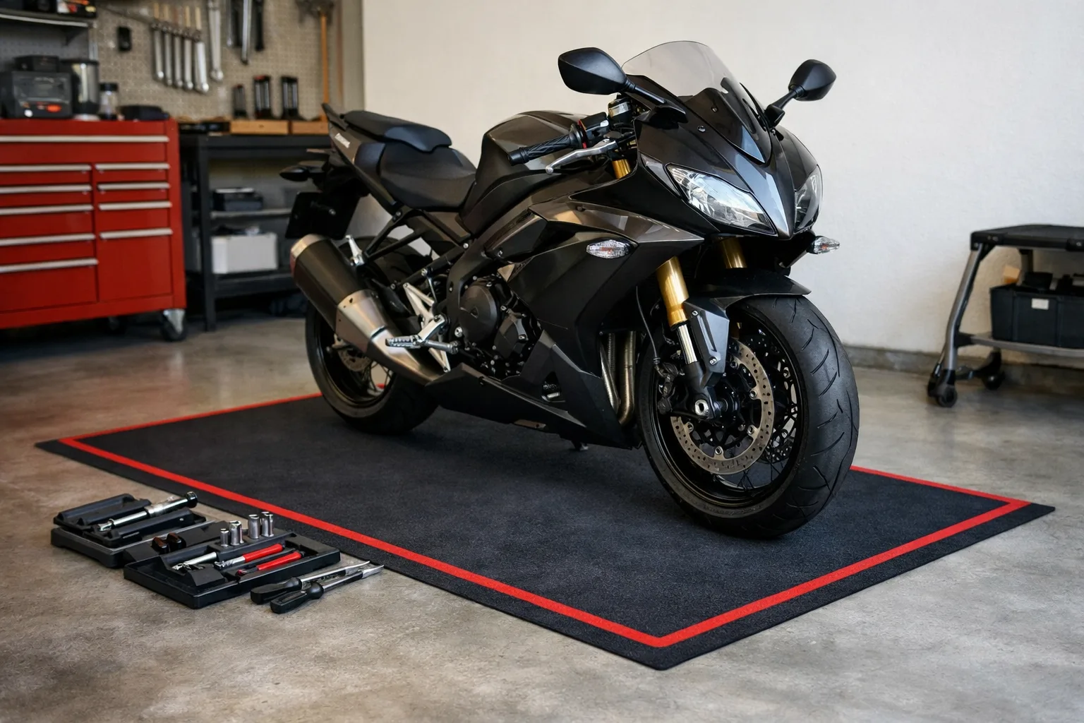 Une moto stationnée sur un tapis d’atelier dans un garage, avec des outils rangés à proximité.