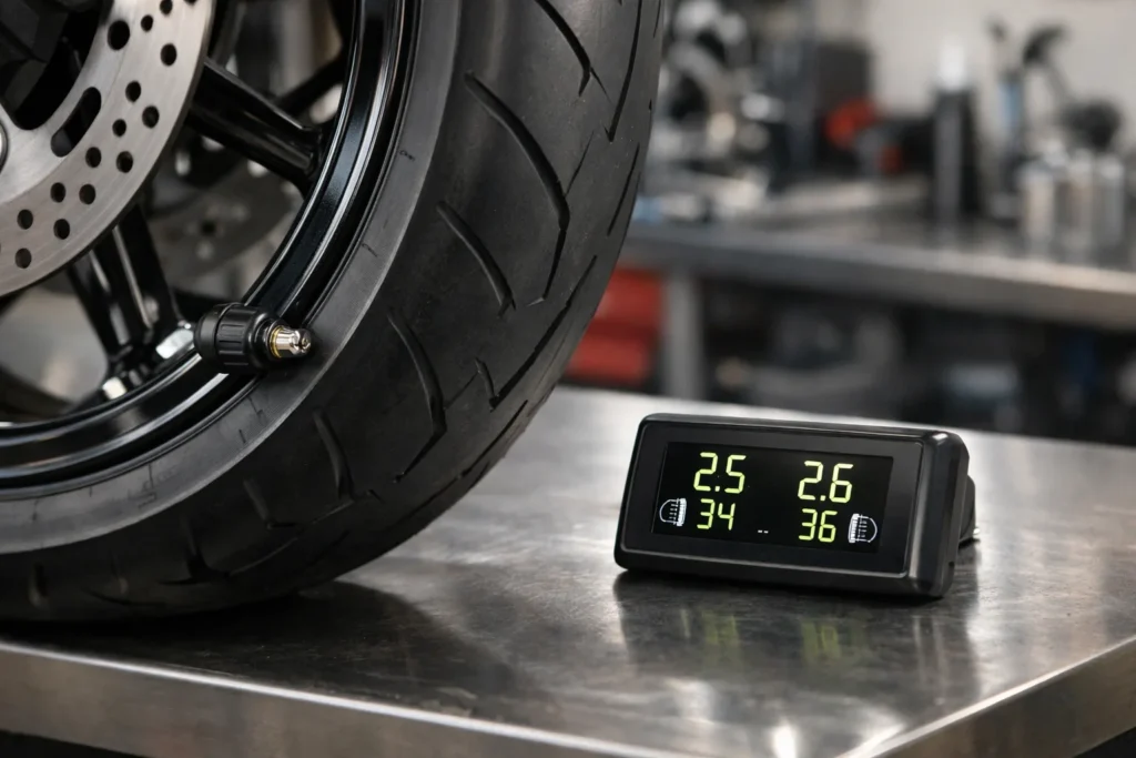 Gros plan sur la valve d’une roue de moto équipée d’un capteur de pression, avec un écran de contrôle posé à côté.