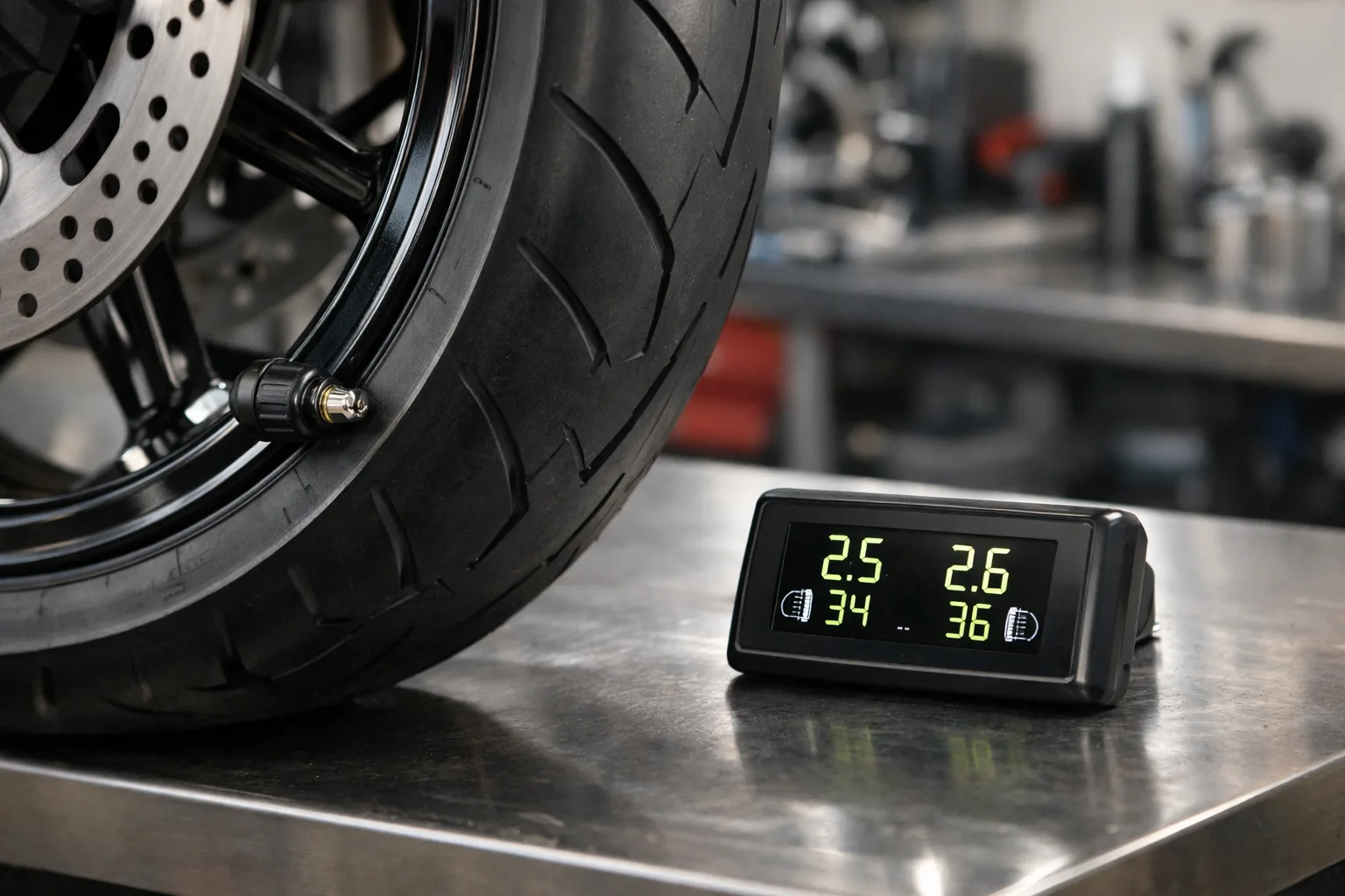 Gros plan sur la valve d’une roue de moto équipée d’un capteur de pression, avec un écran de contrôle posé à côté.