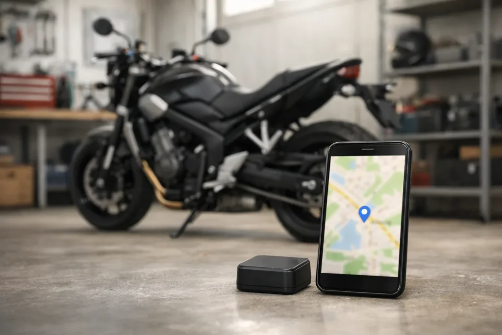 Une moto stationnée près d’un petit boîtier de géolocalisation et d’un smartphone affichant une carte.