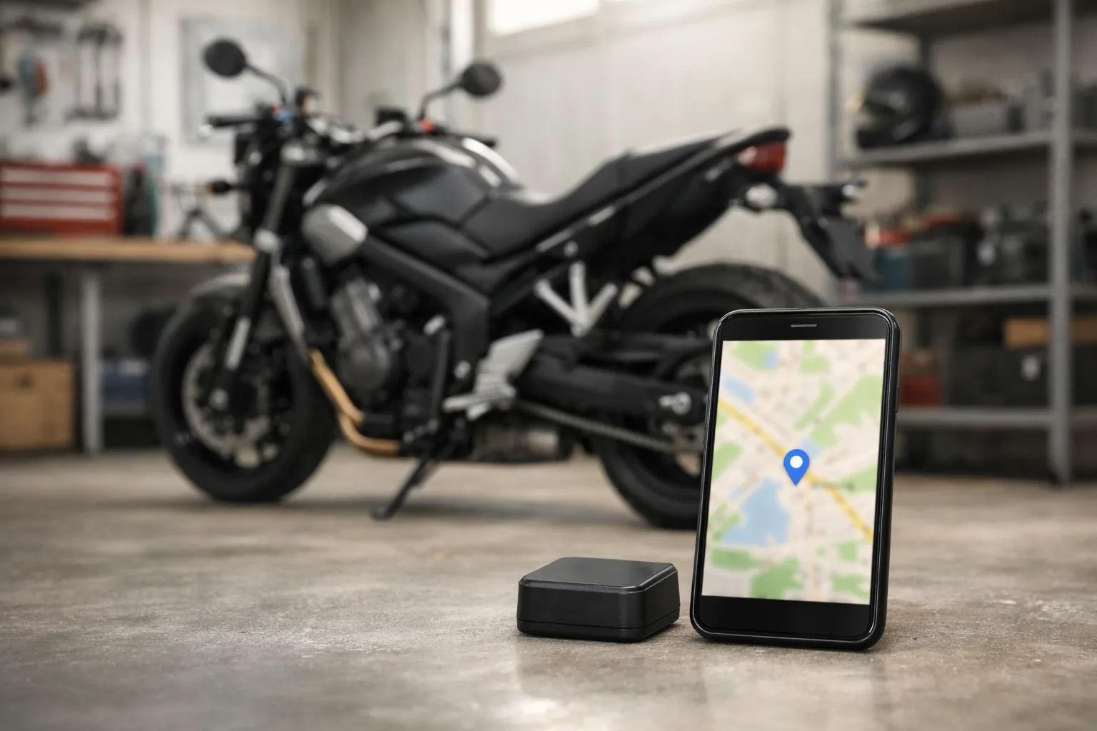 Une moto stationnée près d’un petit boîtier de géolocalisation et d’un smartphone affichant une carte.