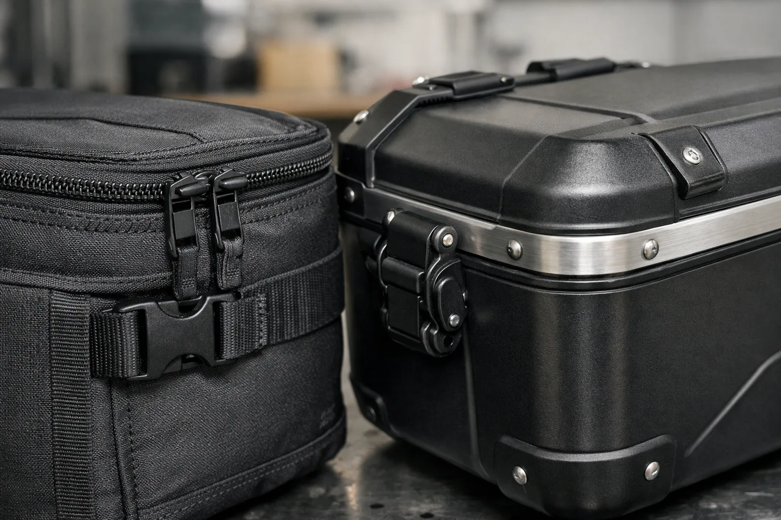 Détails de couture d’une valise souple et de fermeture d’une coque rigide.