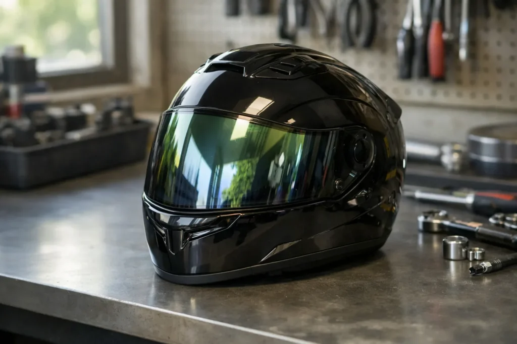 Casque de moto posé sur un établi avec une visière photochromique aux reflets changeants.