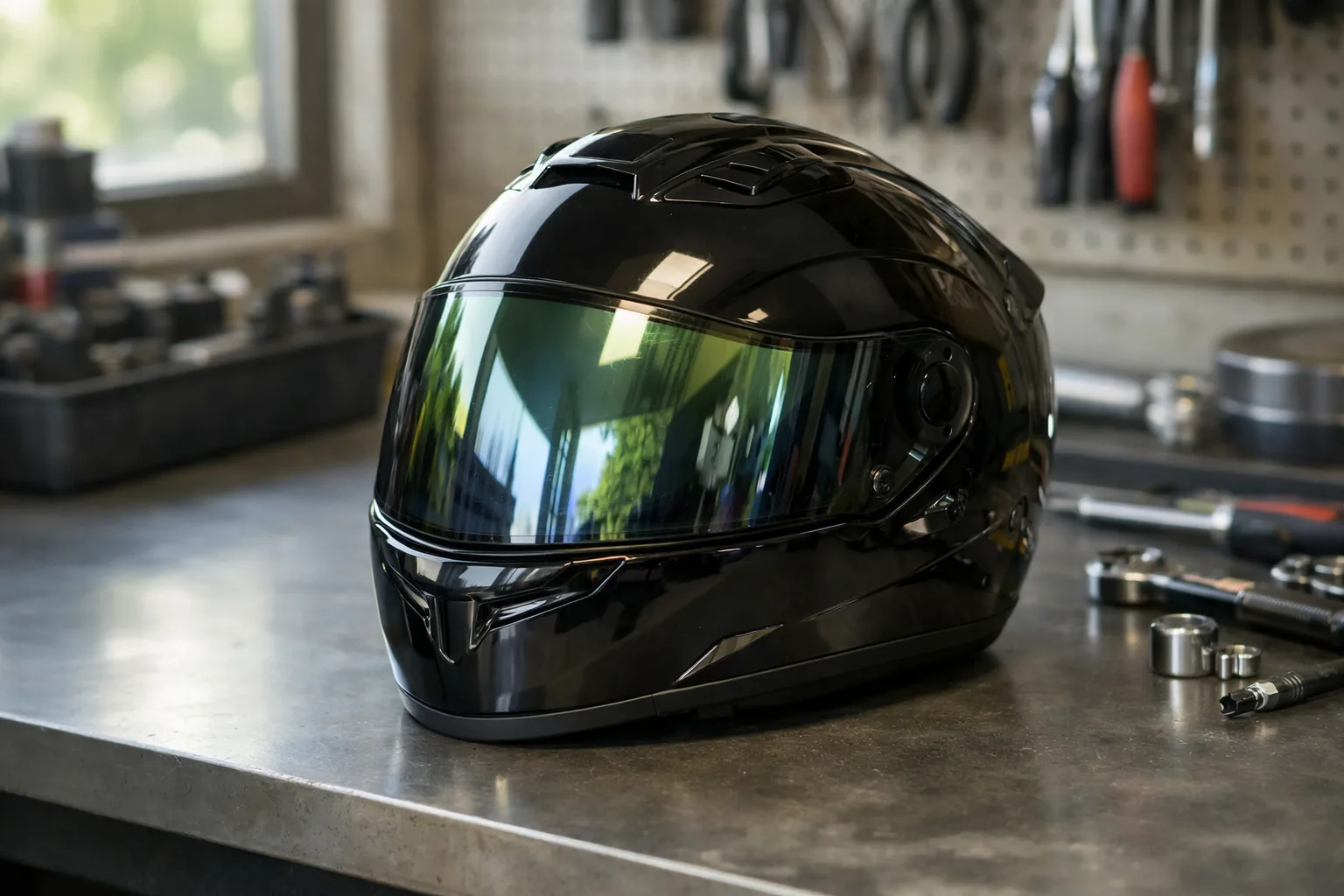Casque de moto posé sur un établi avec une visière photochromique aux reflets changeants.